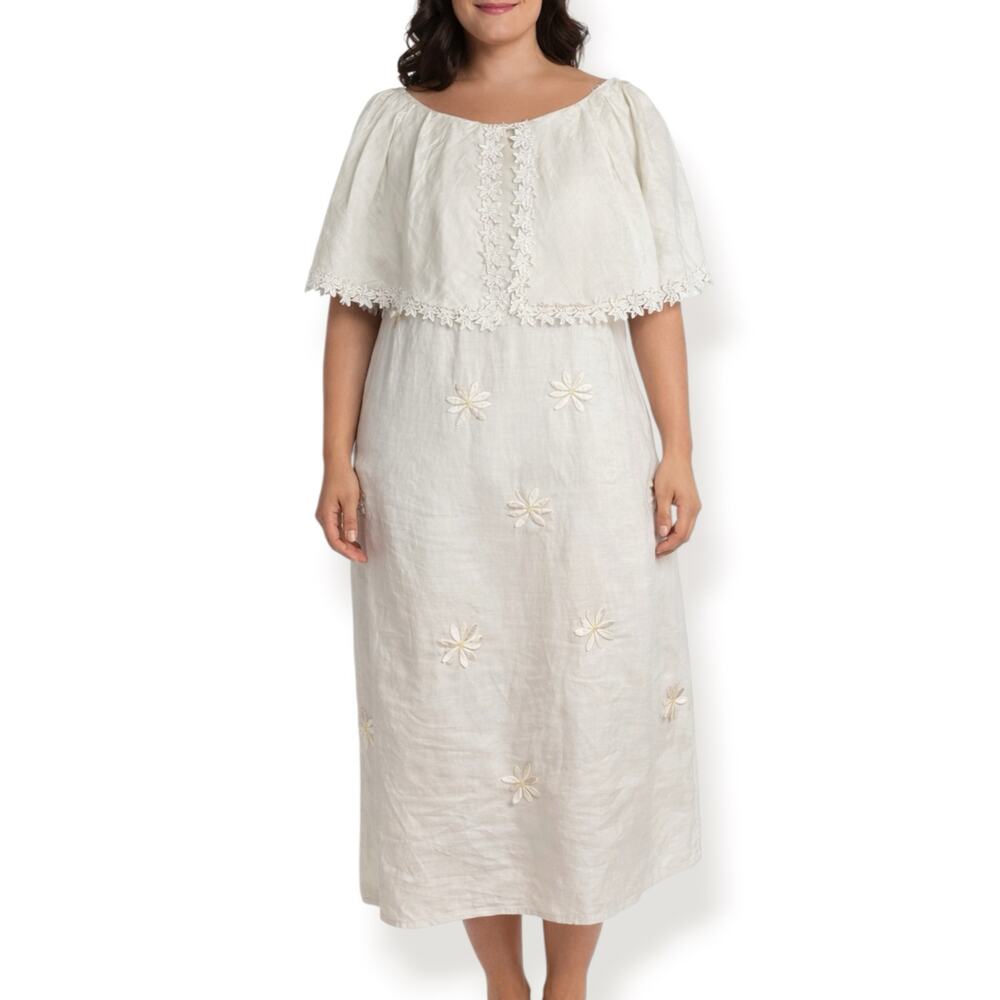 Vintage Linen Embroidered Dress Off White Floral Midi Cottagecore Lace Trim